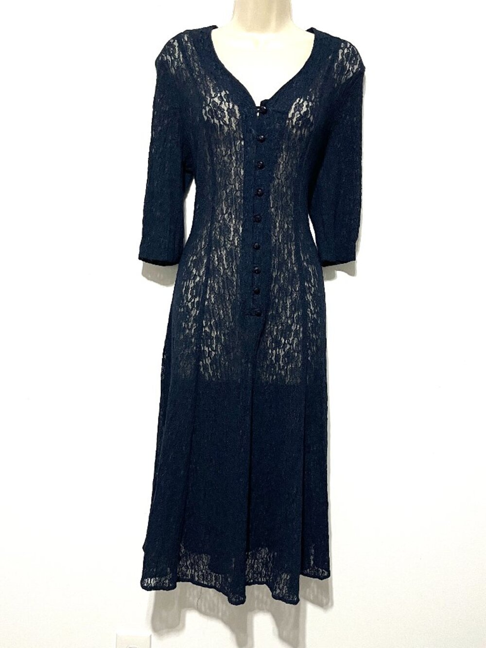 Womens VTG Lace Whimsigoth Maxi Dress M/L Navy Lace Up Back Victorian Renfaire